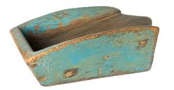 K1579 Unique 19th century Pennsylvania wooden Scrub / Scouring Box bearing traces of old mustard paint over the original blue paint.  This sturdy scouring box features a canted end, sides that have hand-hewn rounded edges on the interior and a pocket below the well-worn angled scrubbing area for holding soap. The tip of the scrubbing area extends to a rounded point beyond the end of the box. An early metal eye hook remains intact for hanging purposes when not in use. Wire nail construction. Measurements:  12 ½ long x 6 ¾ wide x 4 ¼ tall.  