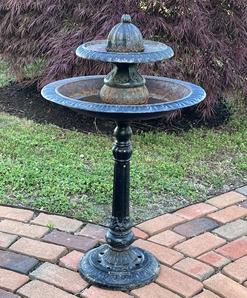 K276 Victorian multi-tiered Cast Iron Bird Bath / Fountain with pineapple shaped top. This bird bath / fountain consists of three cast iron sections as seen in photos. Solid cast iron with great weathered surface.  