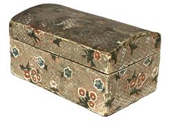 K257 Early 18th century wooden dome top wallpaper covered box. T nail construction. The hinged lid opens to reveal a wooden dust rim and is completely covered with a different wallpaper.  The wallpaper on both the exterior and the interior, are hand colored. Measurements: 7 ¼ wide 4 ½ deep x 3 5/8 tall.  