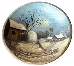 **SOLD** K1708 New England Folk Art painted wooden bowl from Vermont with hand painted Winter snow scene inside depicting a House and a Barn with Horse peeking out of its stall.  A very detailed fence is painted in the foreground. Bowl has a lipped edge, shows evidence on the bottom of early slow lathe turnings and is out of round. From a collection in Vermont. Measurements: 12 ¼ x 11 5/8 diameter x 2 ¾ deep. 