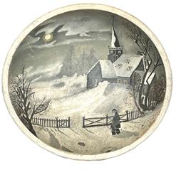 **SOLD** K1725 New England Folk Art painted wooden bowl with snowy scene depicting a church with a fence hand painted inside. Thick, sturdy wooden bowl is from a collection in Vermont. Measurements: 15 1/4" x 14 1/4" diameter x 4" deep.