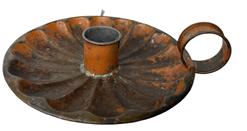 K268 Early tin fluted bottom candle holder bearing strong remnants of the original pumpkin and black painted surface. Nice, wide finger loop and large center candle socket with rolled edges. All solder joints are secure. Great wear and patina! Measurements: 6 ½ diameter (bottom) x ~1 ½ tall   