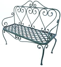 **SOLD** K213 Charming wrought iron garden bench / settee featuring heart shapes decorating the back and shaped legs. This sturdy, solid metal bench retains its original green painted surface and is in great condition. Circa 1900  1920s. Approximate measurements:  48 wide x 18 deep x 18 tall (seat) x 40 ¼ tall (back).   