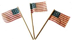 J471A Group of three 13-Star Centennial Parade Flags. Each flag measurements approximately 6" tall - Flag part measures 2" x 3"