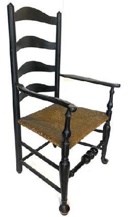 **SOLD** G877 DELAWARE RIVER VALLEY PAINTED LADDERBACK ARM CHAIR, featuring fine turnings. Retains an old black-painted surface. Late 18th/early 19th century.