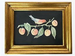 I3 Vintage Fiordelisi Pietra Dura style signed porcelain plaque  circa 1972. This finely made Italian plaque depicts a bird resting on a branch adorned with peaches. Signed Fiordelisi Pietro on front, and Firenze 1972 on back of slate. Constructed on slate with inlaid stone and marble. Framed measurements: 13 ½ wide x 1 ¼ thick x 10 ½ tall