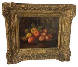 C372 Mid 19th century oil painting on canvas still life of fruit, in original frame, no restoration, brass plate with artist name Henri De Haag 