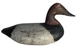 E475 Canvasback Drake Decoy carved by Stanley Evans of Elkton, MD (Born 1887  Died ?) Original tack eyes, with some original paint Circa late 1920s - early 1930s. A