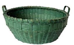 J37 19th century New England original green painted round utility basket with attached steamed and bent side handles.  Tightly woven with single wrapped rim with bumped up bottom inside the basket for added air flow.  Great condition. Circa 1880s. Top diameter (slightly out of round) is 12 ½ x 13" diameter. Sides are 5 ¼ tall. Bottom measures 9 ½ diameter. 