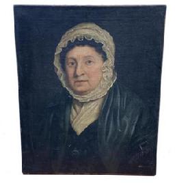 G306 18th or early 19th Century Portrait of a Quaker Woman Portrait on canvas of a Quaker Lady in a bonnet,,American School, an Interesting Portrait of a lady in a white bonnet 