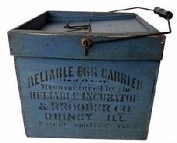 H16 Late 19th century Egg carrier with the original blue paint and black stenciled advertising. The following advertisements,  Reliable Egg Carrier Brooder Co. Quincy Ill There is also a patent date Nov 16 1897 .