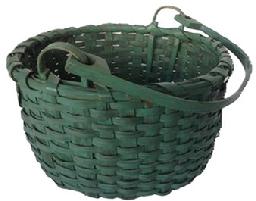 A162 19th century wonderful original green painted hickory splint swing handle Basket from the collection of Prof. Charles Thomas in Leymaster, Pennsylvania. Nicely woven with a single wrapped, double rim with notched loops that secure the swing handle to the basket. Few minor losses. Measurements:13 x 13 ½ diameter. The sides are 7 ½  7 ¾ tall, depending on where measured. Approximately 15 ½ tall with handle up.