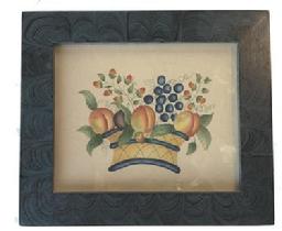 M740) Theorem painting on velvet. The artwork is bright and in the classic style of a basket with fruits. It is in very nice condition. The creamy aged velvet has no holes and is not signed by the artist.