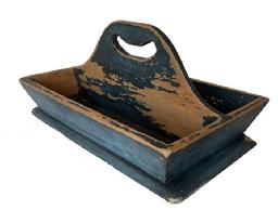 *SOLD* T346 Pennsylvania original blue painted Cutlery Tray , with a nice high handle, the inside of the tray is showing wear from use, flared sided, circa 1850