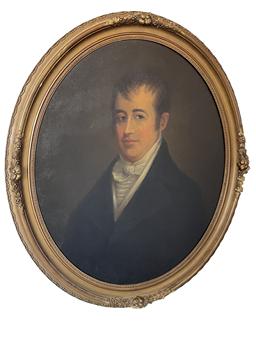 K1552 American Oil on Canvas Oval Portrait Painting in original ornate frame. Provenance handwritten on back reads: Dr. Mathew Scott m Martha Finley  Parents of Sarah F. Scott Humphreys Oval Framed Measurements: 30 5/8 wide x 35 5/8 tall.   