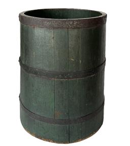 **SOLD** K1767 19th century Half-Peck and Quarter-Peck Measure in the original dark green painted surface. Wooden staved sides secured with three, black painted iron bands. Nice condition with great original surface. Measurements: 12½ tall x 8 ½ diameter on one end and 11 diameter on the other end.  