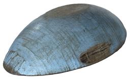 K1642 Early 19th century oval Trencher bearing gorgeous blue painted exterior and a wonderful natural patina interior with evidence of significant chop and tool marks from years of use. Circa 1830s  1840s. Hand hewn from a single board  with visible carve markings on the exterior surface. Great wear and patina. Measurements: 24 ¾ long x 16 wide x 4 ½- 5 ½ tall (depending on where measured)  