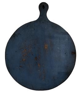 K189 19th century wooden Peel Board / Cutting board bearing original old blue painted surface on one side and edges. The opposite side bears wonderful patina from years of use. Hole in handle for hanging purposes. Measurements: ~22 diameter x 7/8 thick x 27 ¼ long.  