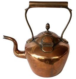 **SOLD** K169 19th century dovetailed, solid Copper Teapot with tall handle, gooseneck spout and snug fitting, hinged lid with acorn finial.  Great condition. Circa 1820s. Approximate measurements: 12 ½ (across spout) x 6 ¾ diameter (bottom) x 12 tall 