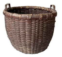 **SOLD** K208 Exceptionally well made, large, sturdy Pennsylvania hand-woven split oak gathering basket with notched side handles in its original Spanish Red painted surface. Tightly woven with a bumped-up bottom, double rim, and deeply notched, steamed and bent handles. Measurements: 17 ½ top diameter x 12 bottom diameter x 13 ¼ tall sides x ~15 ¼ tall at handles.  