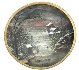 **SOLD** K1727 New England Folk Art painted wooden bowl from Vermont with hand painted detailed scene inside depicting a lake, grist mill and icehouse. This bowl is from a collection in Vermont and bears a slight foot and evidence of slow lathe turnings on its bottom. Measurements: 16" x 15" diameter x 4 1/4" deep.