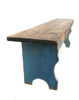 *SOLD* F464 19th century Pennslyvania Wash Bench, with beautiful dry blue paint, this bench is double mortised the feet are beautifully shaped and affixed to the top by way of a double mortise. the skirt is attached with cut nails .Circa 1850 