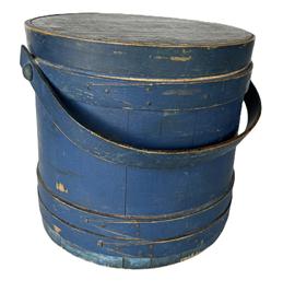 RM1401 19th century Pennsylvania beautiful original indigo blue painted firkin with tongue and grooved staved sides secured with steamed and bentwood bands. Each band is secured with small tacks and one tiny staple at the end of the fingerlap. Stunning dry blue painted surface. Clean interior. Measurements: 11 7/8 diameter (top) x 12 ¼ diameter (bottom) x 11 ¾ tall.  