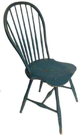 A489 Early 19th century Philadelphia Penn. Windsor 7 spindle hoop back side chair shaped seat high H stretcher, old blue paint,