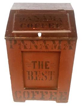 J18 Exceptional, early 19th century large original red painted coffee bin with black stenciling identified from Franklin MacVeagh & Co. Proprietors Bengal Mills Chicago ILL and PANAMA COFFEE on the top/lift lid. The front panel reads: PANAMA  THE BEST  COFFEE AND THE BACK READS W H K Falls City. Very sturdy bin with applied block style feet and clean, natural patina interior.  Square head nail construction. Measurements:  21 ½ wide x 21 ¾ deep x 32 tall.