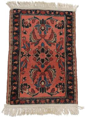 C218 Early  Orinial Rug, with a salmon background, medium and dark blue design  