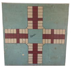 A370  New England Parcheesi Game Board red, white and blue   Made by Gus Wilson, South Portland, Maine, ca. 1920s, pine. Parcheesi board with original paint. Two boards with breadboard ends. 20"x 20".  Bought  from Wilson's cousin. Wilson, a famous decoy maker, made this board for his own use when he was keeper of the Great Duck Light House,southeast of Bar Harbor, Maine.