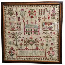 D317  19th century Wedding Sampler made by  Catherine Allan Sehraa bewed in the year 1830, great color the red is bright, stitched on linen