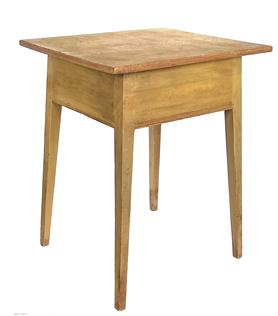 J140 Pennsylvania Hepplewhite table with old mustard painted surface over the original red paint boasting tall, gracefully tapered splay legs. Mortised and wooden pegged construction with carved reeded detailing along the bottom edge of the apron on all sides. Circa 1820s  1850s. One-board top. Measurements: 21 ½ x 24 ¼ x 30 ½ tall. 