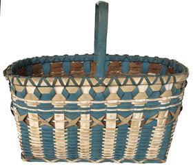 **SOLD** E533 Native American Indian Maine Penobscot Ribbon Blue and White Paint Decorated Basket Woven in a oval form with curling ( X) ribbons in center with blue and white ribs.Basket 