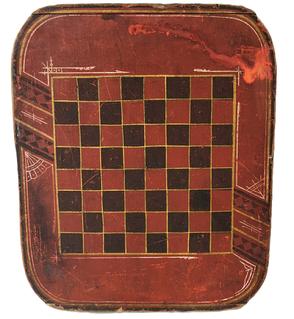 **SOLD** K1770 19th century Pennsylvania double-sided Game Board / Checkerboard bearing original dry red, black, green, yellow and white painted and decorated surface. Solid wood with breadboard ends and rounded corners. Square head nail construction.