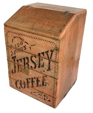 K156 Late 19th century original pumpkin painted wooden country store Coffee Bin advertising 120 pkgs Jersey Coffee stenciled in black on the front, and C A & Co.  Pittsburgh, PA stenciled in black on the back. Hinged slant front lid on top bears rounded edges. Clean, natural patina interior. The name Chas. Hazlet is written in pencil inside the lid. Circa 1885  1890s. (NOTE: Jersey Coffee was a specialty brand of the Dayton Spice Mills Company, established in 1885.) The wood is pine. Measurements are 21" wide x 19 ½ deep x 31" tall 