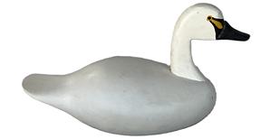 K1804 Miniature hand carved swan decoy signed Capt. Rog. Urie Rock Hall Md on bottom. Approximate measurements: 6 ½ long x 2 ¾ wide x 3 ½ tall.  