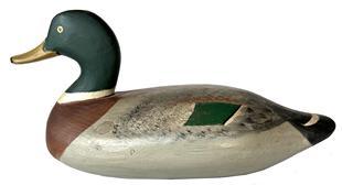 H304 Early Jim Currier mallard duck decoy carved by James "Jim" Alexander Currier (1886-1971). Original paint in very good condition. Currier lived and carved in Havre de Grace, Maryland. 1930.