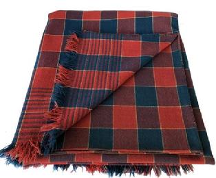 **SOLD** D450 ca. 1840; beautiful  Bucks County, Pennsylvania red and blue plaid overshot coverlet multiple shaft woven coverlet in red and blue wool  self-fringed bottom,   and a rolled loop down center seam,    80" x 84".