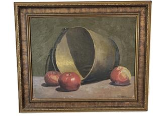 K1744 Framed still life painting depicting a brass bucket on its side surrounded with three red apples. Oil on artists board. Signed R.S. Wehler in lower right corner. Also  handwritten on back R. S. Wehler  York PA.  Label from framer - Kauffmans Art Shop  York PA remains intact. Framed measurements: 18 5/8 wide x 15 ½ tall.  