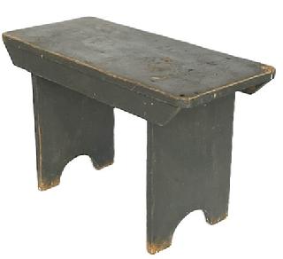 K1791 19th century Pennsylvania original dark gray painted pine Bench with drop aprons on each side, resting on half-moon cut out feet. Measurements: 29 ¾ wide x 13 ½ deep x 18 ½ tall.   