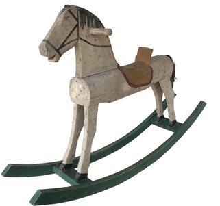 E171 Late 19th century wooden rocking horse, found in original paint and condition, A pretty dappled Grey paint , solid wood, presumably pine, standing graciously, raring to go..