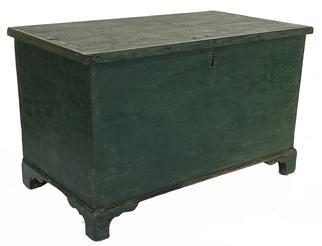 G292 Early 19th century Pennsylvania miniature soft wood blanket chest bearing original green painted surface. Dovetailed case with applied bracket base and molded edge around lid. Clean, natural patina interior with lidded till inside. Six-board construction. Circa 1830s. Measurements: 26 wide x 14 ¼ deep x 16 tall.