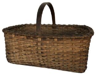 D485 Gathering Basket  from Pennslyvania rectangle shape, with applied handle and a double wrapped rim, national old patina