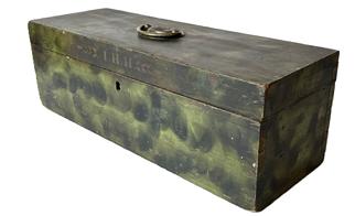 *SOLD* K173 Rare, early 19th century original green and black Smoke paint Decorated Lancaster County, Pennsylvania dovetailed document box bearing the initials I.H.H. with a leaf motif on each end of the letters painted in gold along the front edge of the lid. A brass Hepplewhite Federal style handle / pull is attached to the top center of the lid and bears what appears to be the initials I H engraved into the side of the handle itself. Exceptional original painted surface. Clean, natural patina interior. The wood is poplar. Measurements: 16 wide x 5 ½ deep x 5 ¼ tall.