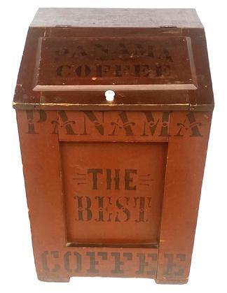 J18 Exceptional, early 19th century large original red painted coffee bin with black stenciling identified from Franklin MacVeagh & Co. Proprietors Bengal Mills Chicago ILL and PANAMA COFFEE on the top/lift lid. The front panel reads: PANAMA  THE BEST  COFFEE AND THE BACK READS W H K Falls City. Very sturdy bin with applied block style feet and clean, natural patina interior.  Square head nail construction. Measurements:  21 ½ wide x 21 ¾ deep x 32 tall.