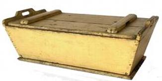 F393 Early 19th century Dough Box with original mustard paint the wood is pine, the dough box has slanted sides and removable top, circa 1820