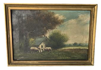 K1697 Early framed Landscape Painting depicting sheep in a pasture in front of a barn. Oil on canvas. Signed Jean Kopp in lower left corner. Framed measurements: 20 wide x 14 tall.   