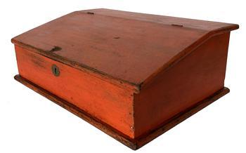 **SOLD** J426 19th century Pennsylvania original pumpkin painted tabletop writing desk with hinged, slanted front that opens to reveal pigeonhole sections. Square head nail construction. Very sturdy. Circa 1860s-1870s.