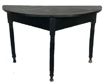 G651 19th century Demilune Table featuring a semi-circular top with turned legs ending in pad feet bearing original old green painted surface. Evidence of sewing clamp marks on the underside of top board.  The wood is pine and poplar. Measurements: 43" wide x 19 3/4" deep x 28" tall. 